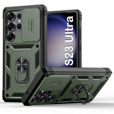 Imagem de PASNEW [2023 Novo] Capa compatível com Samsung Galaxy S23 Ultra de 6,8 polegadas, resistente, à prova de impacto, lente deslizante embutida, anel de rotação de 360°, suporte verde Amry