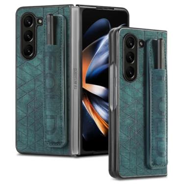 Imagem de MVVKKY Para Galaxy Z Fold 5, pulseira de couro sintético, capa rígida para PC com suporte para S Pen e alça para os dedos (sem caneta) (para Galaxy Z Fold 5/verde)