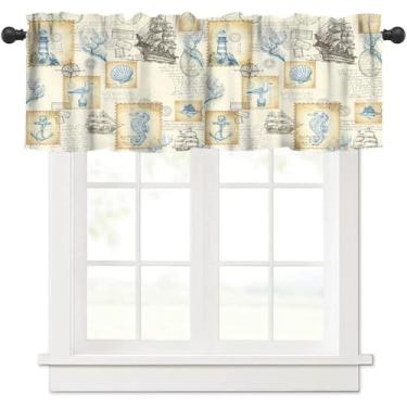 Imagem de Cortina de sanefa náutica vintage, rústica marrom, mapa, barco, âncora, cavalo-marinho, coral, veleiro, animal, janela, sanefas, tratamento blackout para quarto, sala de estar, banheiro, 137 x 46 cm