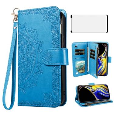 Imagem de Asuwish Capa para celular Samsung Galaxy Note 9 com protetor de tela de vidro temperado e porta-cartão de crédito flip flor suporte Note9 Not S9 Mulheres Homens Azul