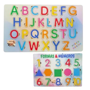 Imagem de Brinquedo Pedagógico Educativo Em Madeira Jogo Alfabeto - Números E Formas De Encaixe (Kit Alfb + Números B)