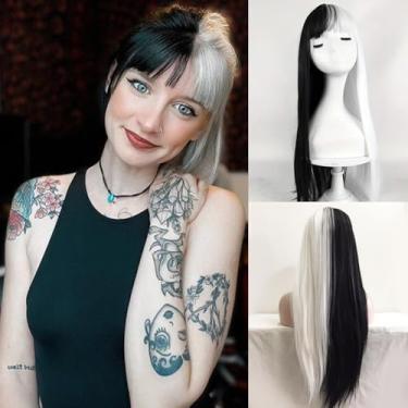 Imagem de Civrie Peruca longa reta preta e branca cosplay de 71 cm com franja peruca sintética de fibra de cabelo natural para mulheres e meninas, perfeita para Halloween, feriados, festivais, Natal, festas e