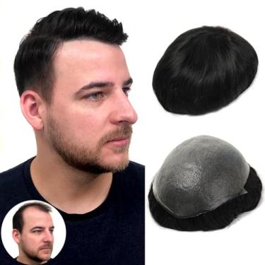 Imagem de BEEOS Toupee de pele fina de 0,06 mm para homens, #1 Jet Black V-looped No Knots 20 x 25 cm PU tamanho base peça de cabelo humano peruca masculina
