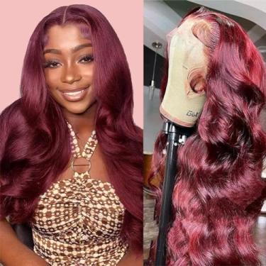 Imagem de Perucas frontais de renda 33 x 10 cm de cabelo humano pré-arrancadas 99j borgonha onduladas no corpo peruca frontal sem cola vermelha perucas frontais de renda vermelha para mulheres negras com cabelo