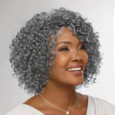 Imagem de Peruca HUA Grey Human Hair Kinky Curly Salt and Pepper para mulheres