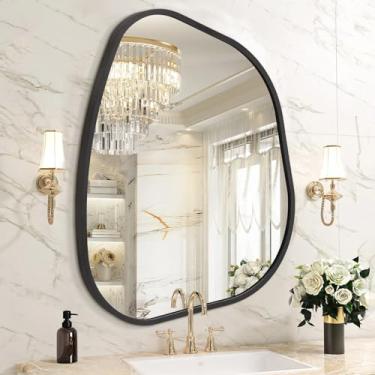 Imagem de HLFMVWE Espelho de parede irregcular 50,8 cm x 40,6 cm preto assimétrico espelho de banheiro moldura metálica espelhos decorativos modernos para quarto sala de estar entrada