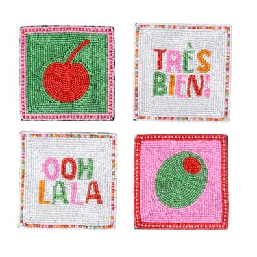 Imagem de ban.do Conjunto de 4 porta-copos com contas, design de citação e ícones para decoração de carrinho de bar e mesa de centro (coquetéis)