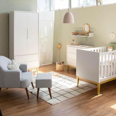 Imagem de Kit Quarto Theo com Pés Square Natural - Berço + Cômoda 3 Gavetas + Gu