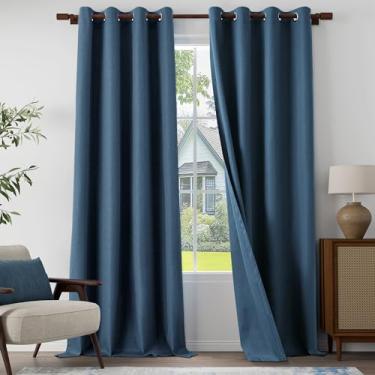 Imagem de Cortinas texturizadas de linho 100% blackout para sala de estar, quarto, cortinas leves com ilhós, proteção total de privacidade, azul escuro, 132 cm L x 274 cm C, 2 painéis