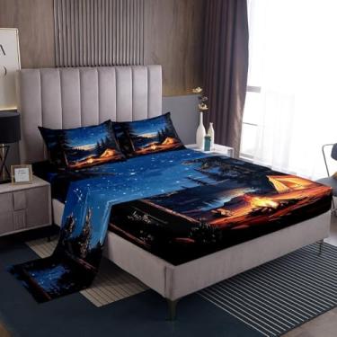 Imagem de Erosebridal Jogo de lençol Queen Happy Camping infantil, acampamento, viagem, barraca para meninos, meninas, adolescentes, céu estrelado, acampamento, aventura, 4 peças