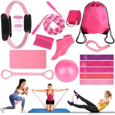 Imagem de plaCredgai Kit de 15 peças essenciais de pilates para mulheres, conjunto de equipamentos de pilates de bola de ioga de 22 cm, com anel de pilates de 30,5 cm, faixas de resistência, yoga e itens