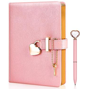 Imagem de JEWPHX Diário de cadeado em forma de coração com chave e caneta de diamante de coração, couro PU, organizadores pessoais, agenda, caderno, presente para mulheres e meninas