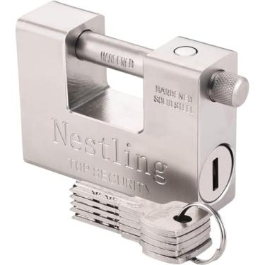 Imagem de Cadeado de 94 mm com chave, alta segurança, 5 chaves, resistente, 1,1 kg, latão sólido em forma de D, cadeado com chave para ambientes externos – Proteja a porta da garagem, recipientes, galpão, portão e armazém