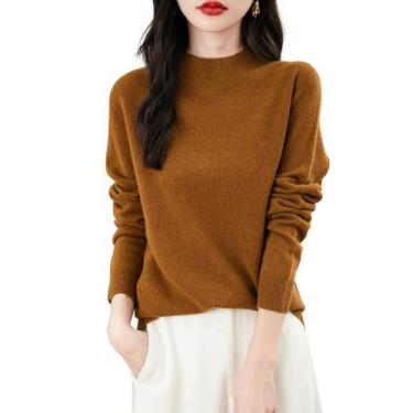 Imagem de Suéter feminino Chanyarn 100% lã merino, gola alta, caramelo