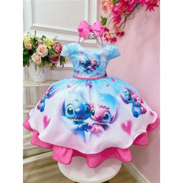 Imagem de Vestido Infantil Azul Festas com Stitch e Angel Apaixonados - Fabuloso