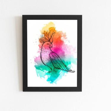 Imagem de Calopsita Aquarela Pássaro Ave Quadro Moldura Preta 60X40Cm