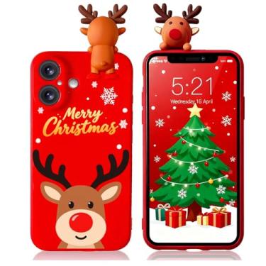 Imagem de Esakycn Capa para iPhone 16 Pro, capa de telefone de silicone vermelha 3D boneca brinquedo de Natal com design para meninas mulheres presente fina à prova de choque macia capa fofa para iPhone 16 Pro