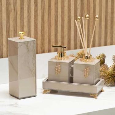 Imagem de KIT LAVABO COMPLETO EFEITO MÁRMORE COM PORTA ESCOVA DE DENTE BANDEJA 20X10 (ROSE COM DOURADO)