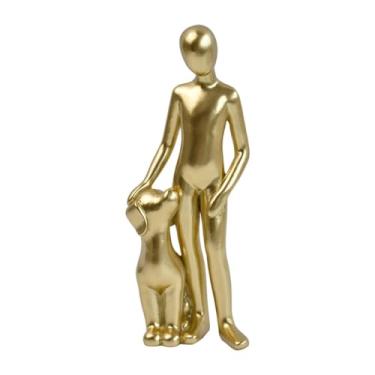 Imagem de Ｂｅｓｇａ Estatueta de resina de homem e cachorro, acessório de decoração para casa, presente memorial para família, escultura de vínculo emocional de 2,1 x 1,5, Dourado