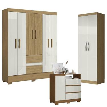 Imagem de Guarda Roupa Casal Coimbra 2005138 Com Armário Multiuso New 2000192 E Cômoda 2014143 Atacama Off White - Aramóveis