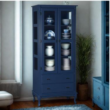 Imagem de Cristaleira Rústica Em Madeira 2 Portas, 2 Gavetas E Pés Luiz Xv - Azul Bic Laca