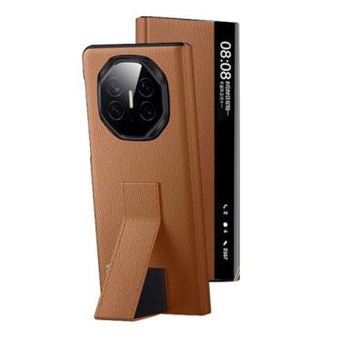 Imagem de HAOMRIYL Capa de couro real para Huawei Mate Xts, capa de telefone dobrável com janela lateral inteligente, alça de pulso dobrável, suporte fólio, capa à prova de choque, marrom, Mate XTs