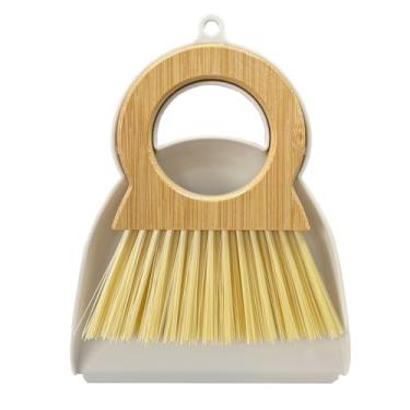 Imagem de Xifando Conjunto de mini vassoura e pá de lixo - Kit de limpeza compacto de cabo de bambu com mini escova de pá de lixo para bancadas, mesas, mesas - Combo de panela de poeira pequena e vassoura para