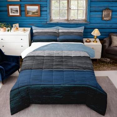 Imagem de Conjunto de edredom com listras de madeira azul gradiente, vintage, quadriculado, para crianças, adolescentes e adultos, estilo rústico, casa de fazenda, edredom acolchoado com 2 fronhas, tamanho