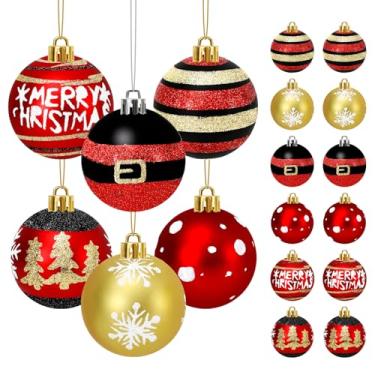 Imagem de FYSUIMU 24 peças de enfeites de bola de Natal ouro vermelho preto glitter listras pontos floco de neve decorações para pendurar árvore de Natal para suprimentos de festa em casa, 6,1 cm