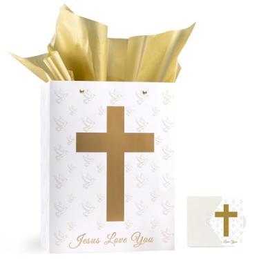 Imagem de Lednica Bolsa de presente grande com cruz dourada de 33 cm com cartão de felicitações e papel de seda para batizados de bebês cristãos, confirmação da sagrada comunhão, casamentos, dia do clero, 24,4