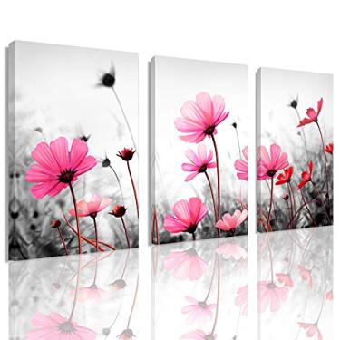 Imagem de Arte de parede em tela de flores rosa Galsang – 3 painéis com estampas florais, emolduradas e prontas para pendurar, decoração de parede moderna em preto e branco para quarto, sala de estar, banheiro