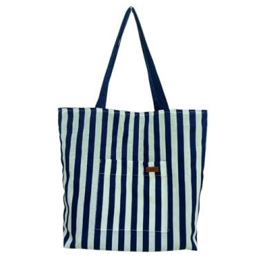 Imagem de Bolsa Tote Feminina Dupla Face Sacola Grande De Ombro com Bolsos (Azul marinho/Listrado)