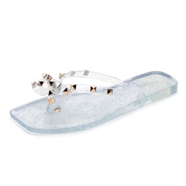 Imagem de OMGard Sandálias femininas cravejadas com laço, sapatos gelatinosos, bege, tamanho plano, tamanho 40, chinelos de dedo quadrado sem cadarço com rebites, Transparente., 38