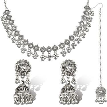 Imagem de Quelay Conjunto de 3 peças de joias indianas para mulheres indianas tradicionais gargantilhas colar brincos testa joias presentes strass Maang Tikka Bridal Wedding Prom Set, 0.94 x 1.45 inches, ligas