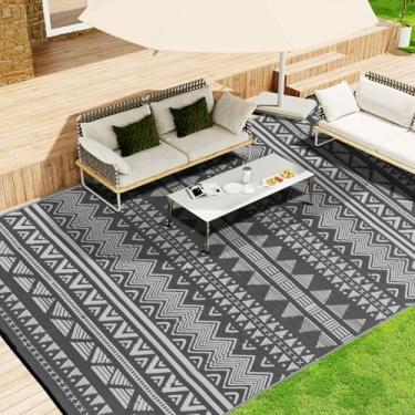 Imagem de Tapetes grandes para trailers ao ar livre para acampamento ao ar livre, 25 x 35 cm, à prova d'água, 25 x 35 cm, tapete de plástico para pátio, para uso externo, cinza e branco, reversível para deck