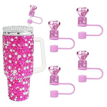 Imagem de JIASHEBDE Conjunto de 4 peças de topo de palha de diamante brilhante, bonés de palha de strass elegantes compatíveis com copos Stanley de 850 g 1,134 g, presente compacto perfeito para mulheres (rosa