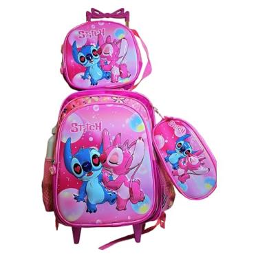 Imagem de Kit Mochila Escolar Infantil Stitch, Mochila com Rodas, Lancheira e Estojo, Rosa, 3 Peças