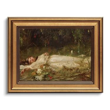 Imagem de Arte de parede emoldurada a ouro arte de parede em tela vintage retrato feminino mulher serena na água impressões de arte imagem para sala de estar quarto fazenda banheiro decoração de escritório, 20