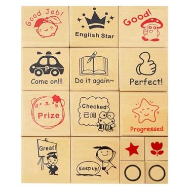 Imagem de Wissppoott Conjunto de 15 peças de carimbos de madeira para professores de borracha – carimbos de classificação de sala de aula para trabalhos de casa, materiais para professores com frases