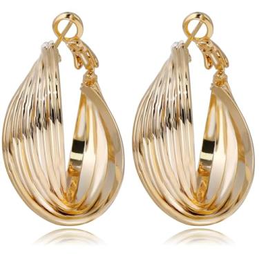 Imagem de Brincos de argola dourada para mulheres. O formato de argola torcido é feito com material banhado a ouro e pinos de prata S925 leve, luxuoso, elegante, estilo único e minimalista, Extra, Cobre, Sem