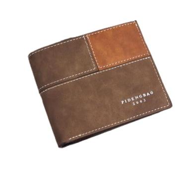 Imagem de Carteira masculina moderna, carteira dobrável fina portátil com design de bloqueio de cor, bolsa masculina prática com 2 compartimentos para dinheiro e 1 bolso com zíper para uso diário, Café