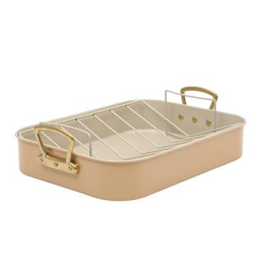 Imagem de Gibson Home Assadeira antiaderente Broxton de 2 peças com rack – Assadeira de peru de damasco de 40,6 x 30,5 cm com alças douradas de alumínio fundido – Seguro para forno, fácil de limpar, panelas de