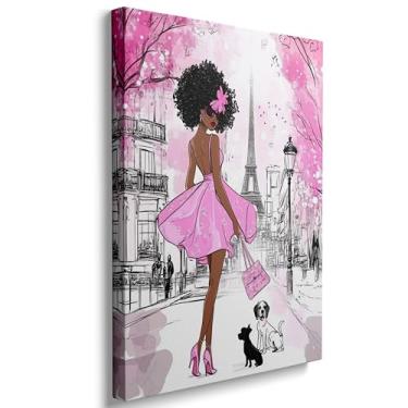 Imagem de DUFIPOR Arte de parede em tela afro-americana Paris decoração de parede menina negra moda rosa e cinza Torre Eiffel pinturas de arte de parede impressões emolduradas prontas para pendurar (12 x 16")
