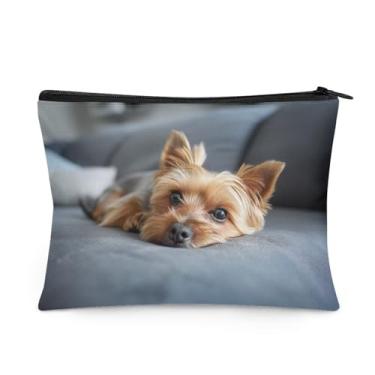 Imagem de Bolsa de cosméticos de pano, bolsa multifuncional pequena com zíper bolsa de maquiagem fofa bolsa de higiene de viagem para mulheres, 21 x 15 cm, Funny Yorkshire