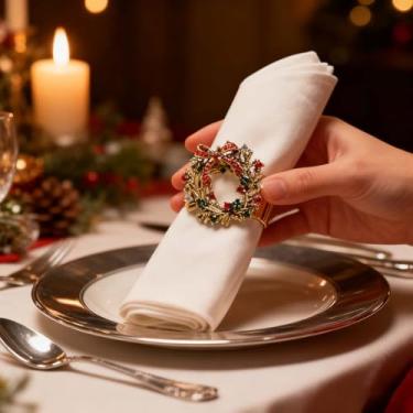 Imagem de 2 peças de anéis de guardanapo de guirlanda de Natal, suporte de guardanapo de mesa de jantar delicado para Ação de Graças, Natal, reunião de família, anéis de decoração de mesa