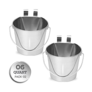 Imagem de AASPIRE PETS Balde de face plana de aço inoxidável de 6 litros com ganchos duplos | 2 peças de tigela de comida e água para cães XL, cabra, gado, cavalo e gado | Serve para gaiolas de canil, balde