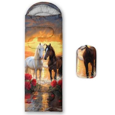 Imagem de AILONEN Sacos de dormir 3D branco marrom cavalo para adultos, crianças, meninos, meninas, mochilão, caminhada, acampamento, forro de microfibra, clima frio e quente, 3 estações, uso interno e externo