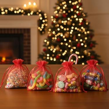 Imagem de 50 peças de sacos de presente de organza com cordão transparente para lembrancinhas de casamento de doces, embalagem de joias, suprimentos de embrulho de presente 9 x 12 cm