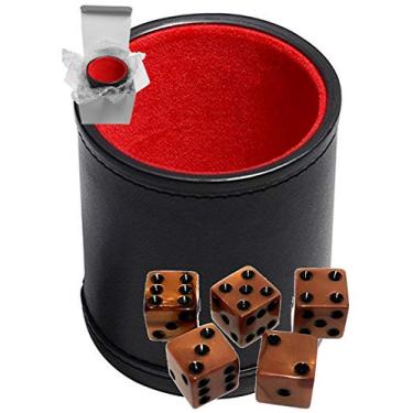 Imagem de Cyber-Deals Conjunto de dados olímpicos perolados de 16 mm e copo de dados forrado de veludo de poliuretano preto (caixa de presente) (dados de bronze, copo de forro vermelho)