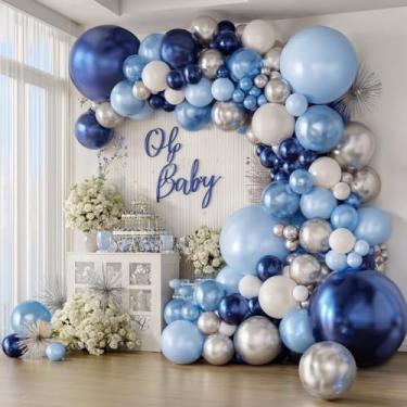 Imagem de Kit de arco de guirlanda de balões brancos e prateados, azul marinho, azul metálico, prata, branco, com tamanhos diferentes para aniversário, casamento, chá de panela, formatura, dia dos pais